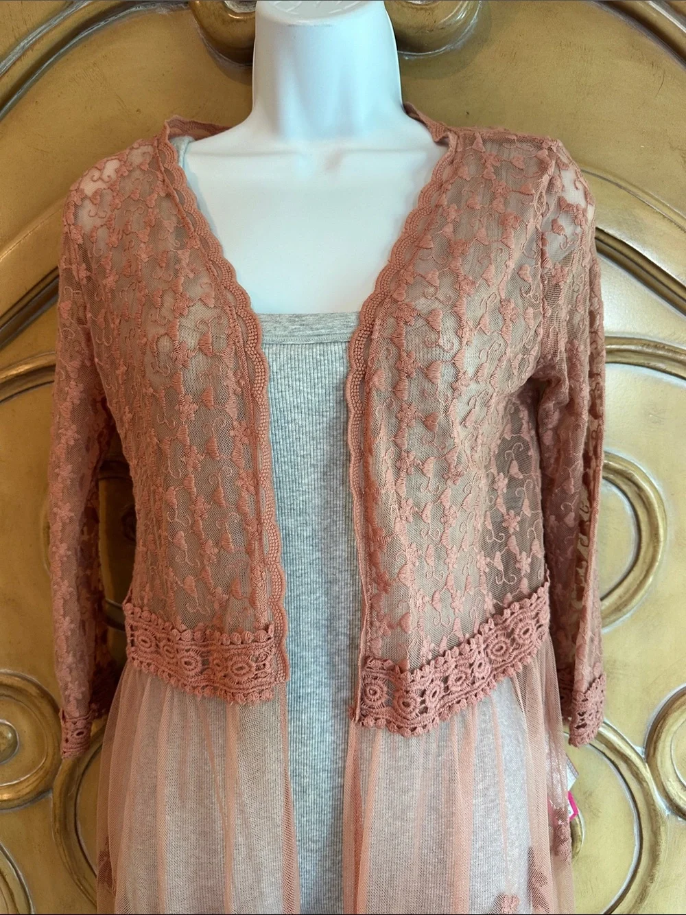 Lace & Tulle Open Front Duster in Dusty Rose